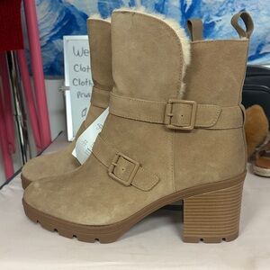 Naturalizer Tan Suede Shearling-Trim Block Heel Ankle Boots